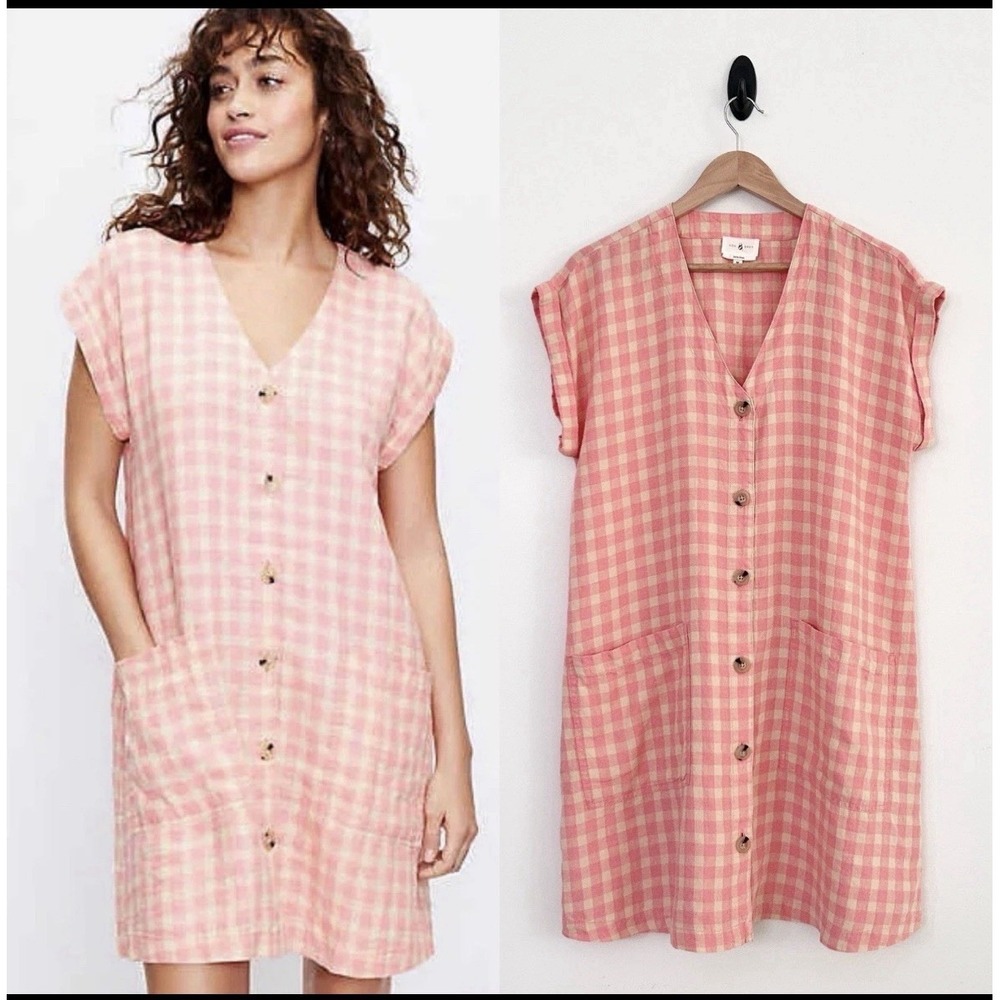 Lou‎ & Grey 100% Linen Gingham Tunic Dress Pink XS Cottagecore Coastal Grandma